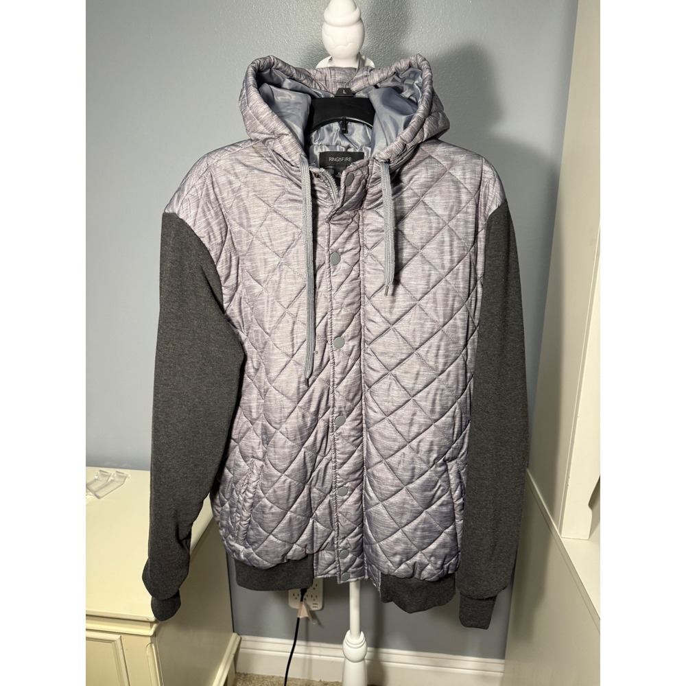 Ring of Fire Mens XL Grey Quilted Hybrid Hoodie Jacket Full Zip Snap RN128172